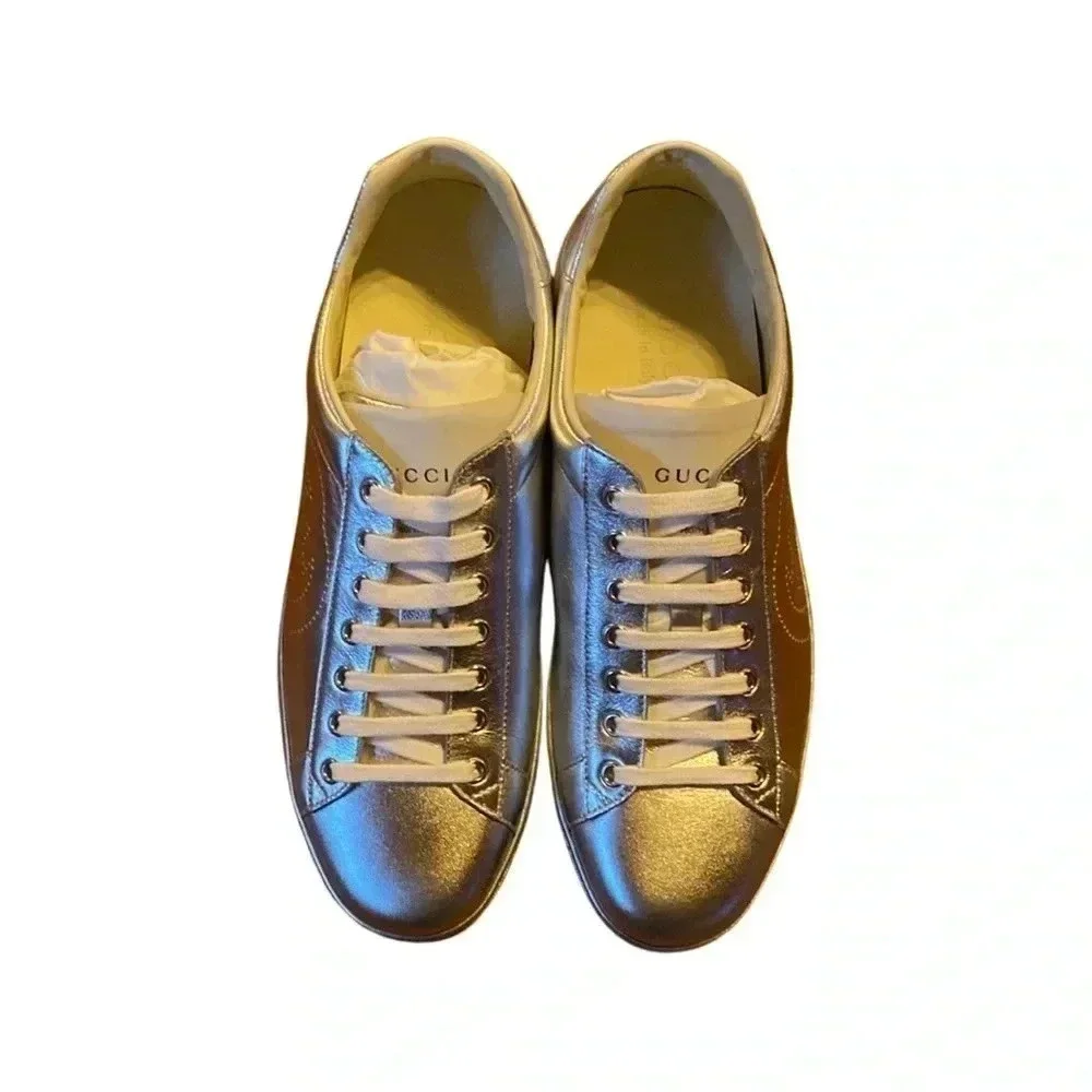 NIB Gucci Nappa Ace Metallic Silver GG Leather Sneaker Size G8.5, US9.5 - Picture 2 of 7